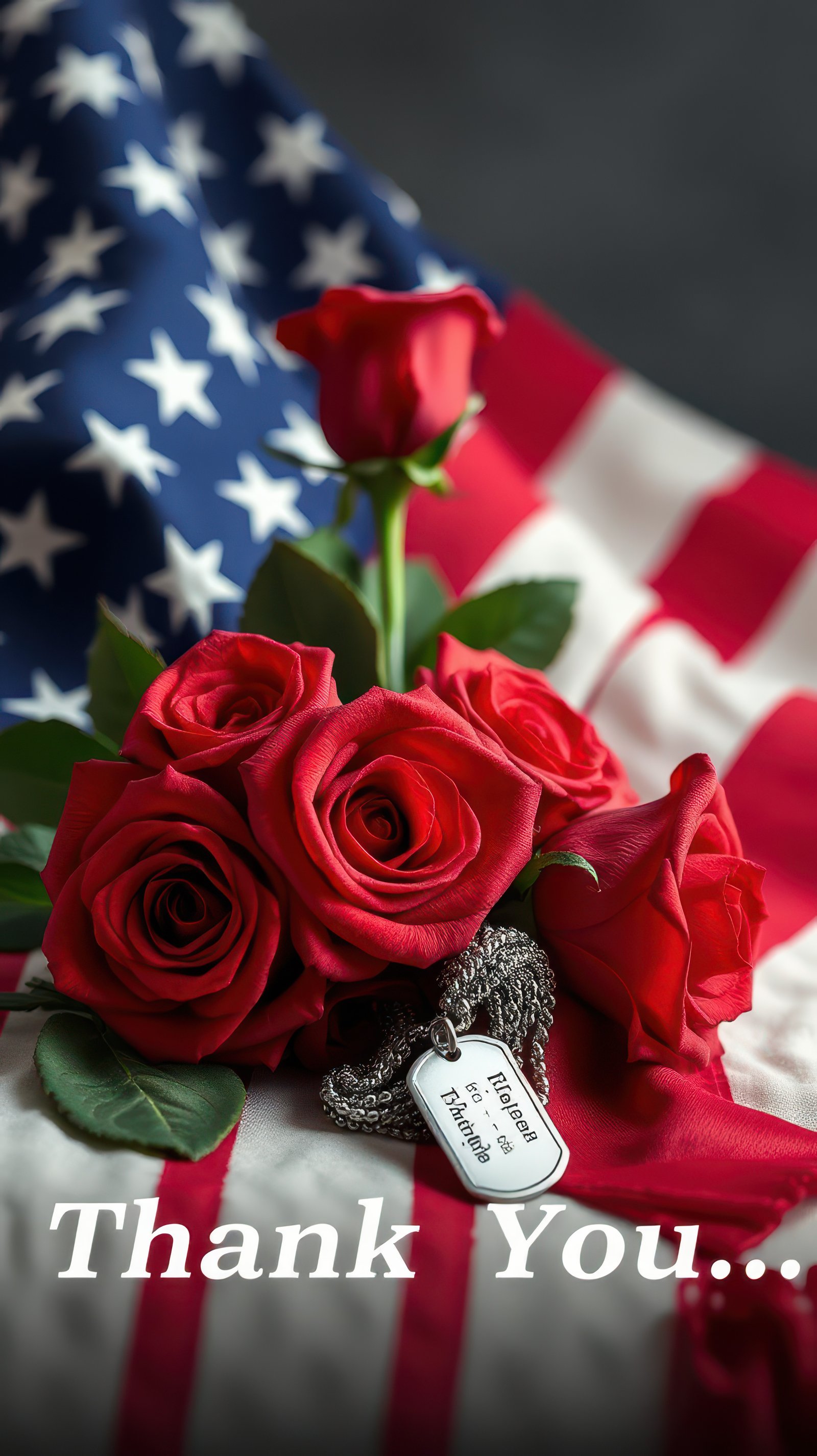 Red roses and necklace on American flag symbolize gratitude and honor during a patriotic moment